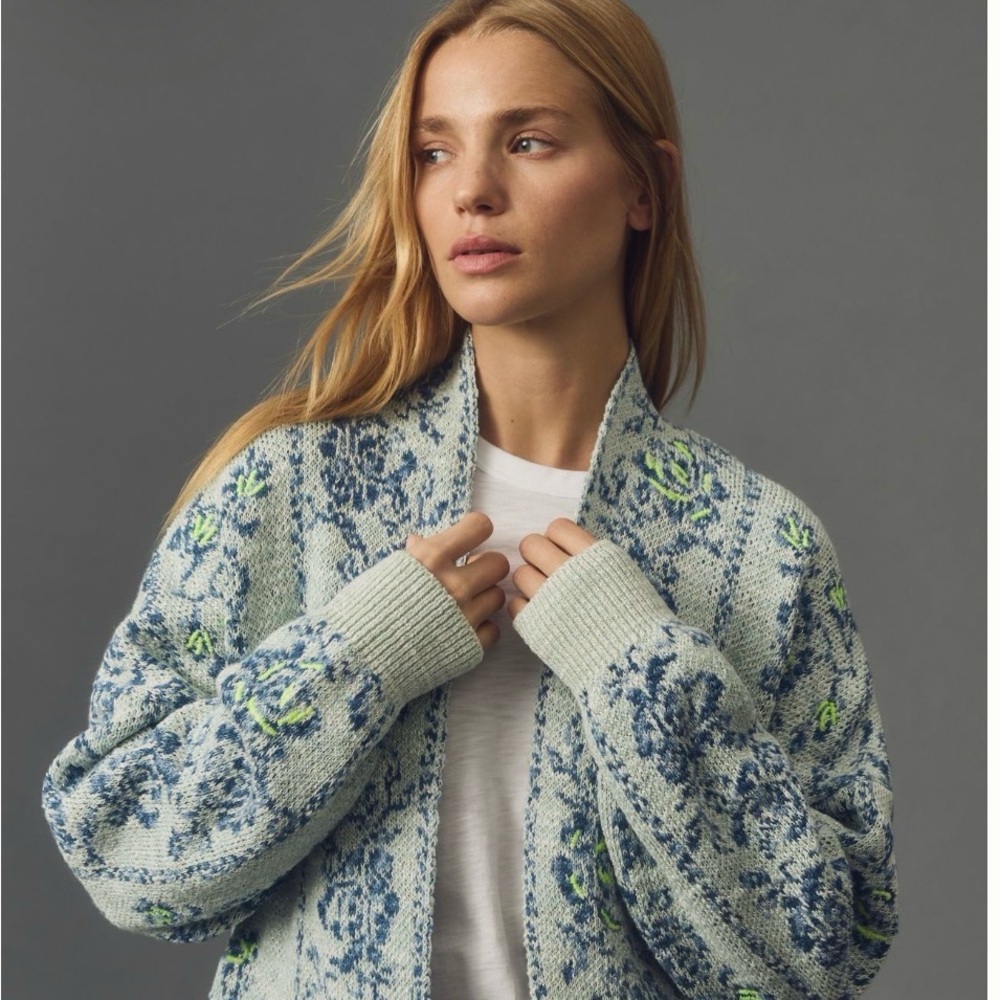 Anthropologie Blue and Green Patterned cardigan